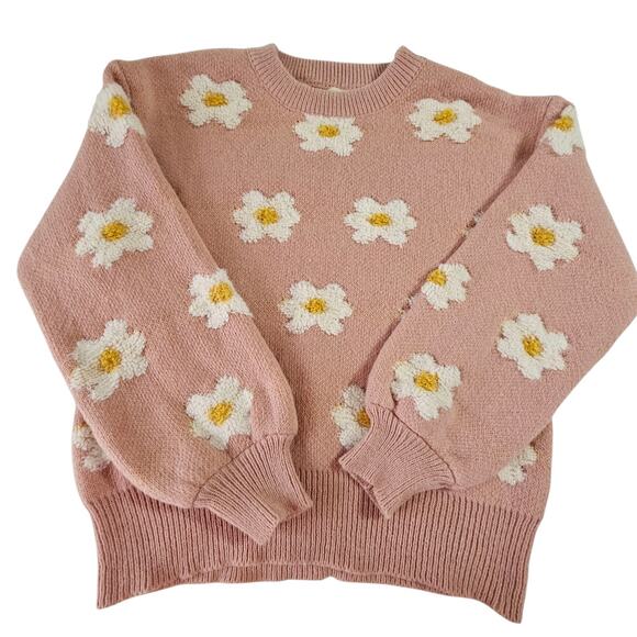 POL Pink and White Thick Oversized Knit Sunflower Sweater Size Small Crew Neck - Picture 1 of 7